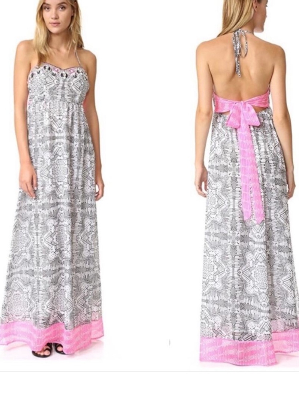 Yumi Kim Capri Black & White Printed Halter Dress with Pink Accents